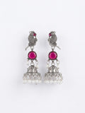 Gulnaar earrings — parrot jhumka, magenta stone and pearl fringe