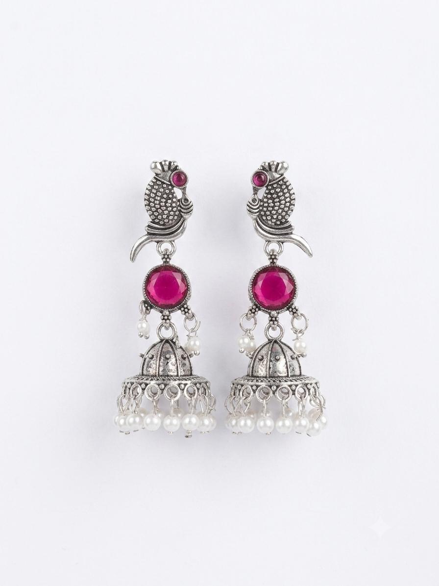 Gulnaar earrings — parrot jhumka, magenta stone and pearl fringe
