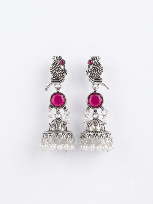 Gulnaar earrings — parrot jhumka, magenta stone and pearl fringe