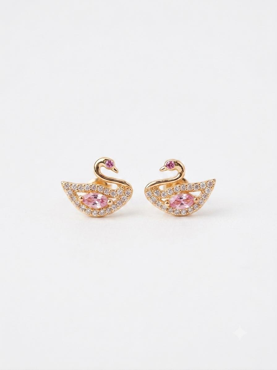 Hansa earrings — swan studs with a pink stone