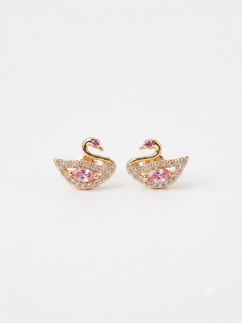 Hansa earrings — swan studs with a pink stone