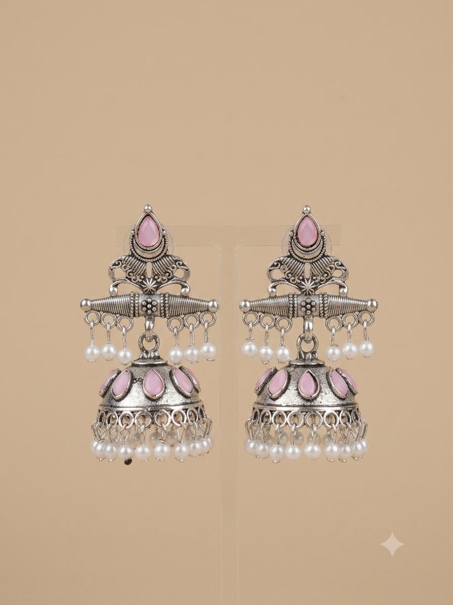 Mehar earrings — silver-tone jhumka, pink stones and pearls