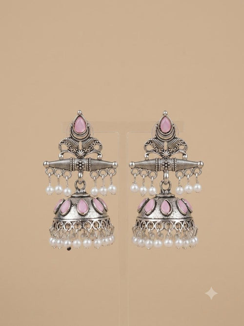 Mehar earrings — silver-tone jhumka, pink stones and pearls