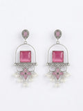 Sakura earrings — silver-tone drop, square pink stone