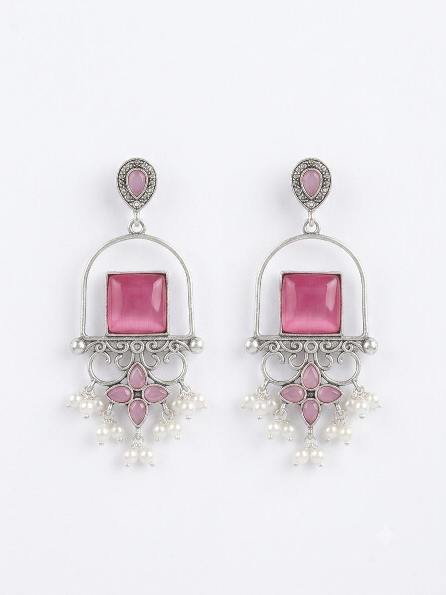 Sakura earrings — silver-tone drop, square pink stone